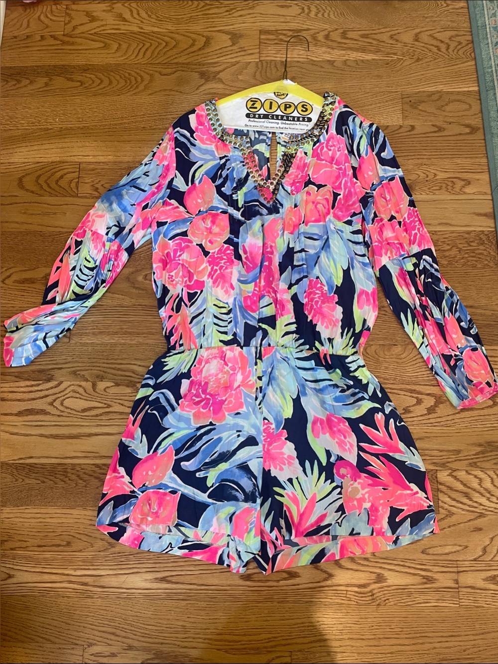 Lilly Pulitzer Navy Floral Long-Sleeve Romper with Pink & Light Blue Accents
